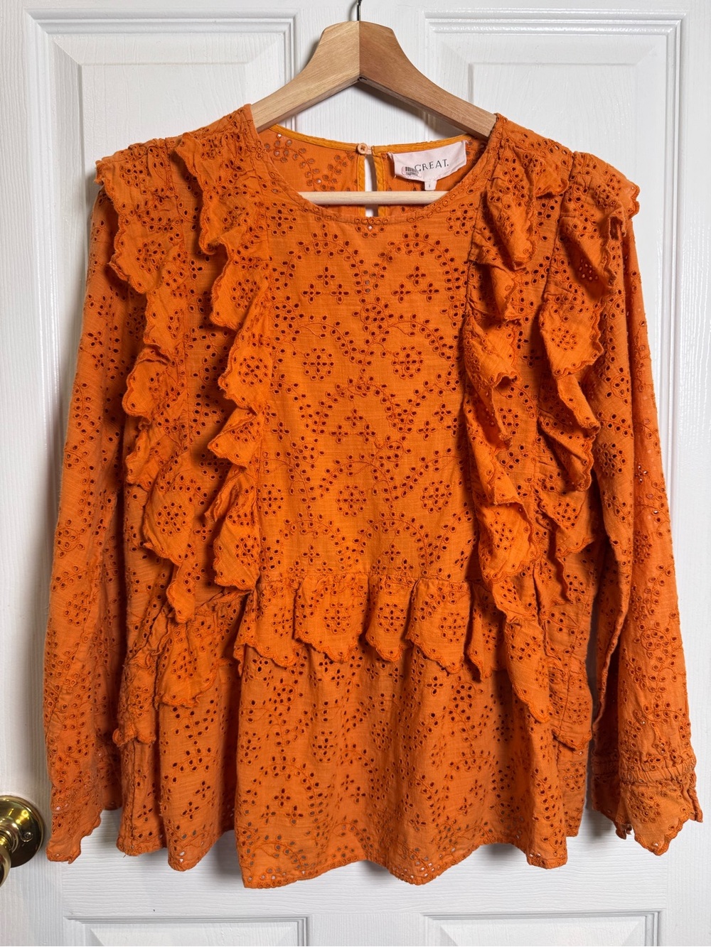 The Great. Eyelet Flutter Top Spice Orange Eyelet Ruffle Cotton Size 1 Small